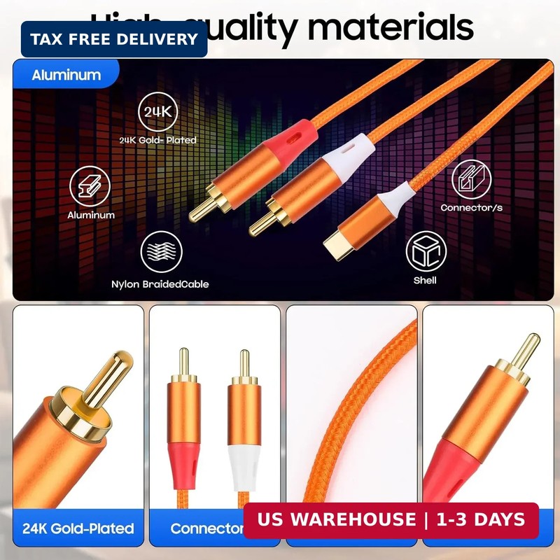 USB C to RCA Audio Cable,6.6 FT Type-C to 2 RCA Male to Male Y Splitter，for iPho gallery