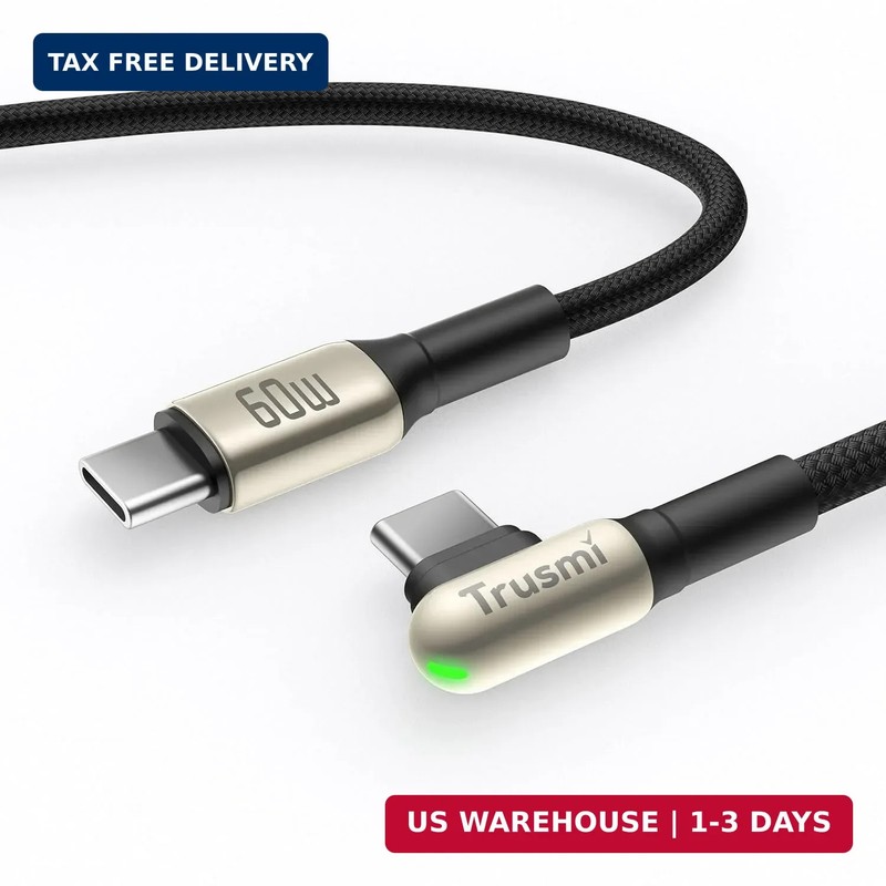 USB C to USB C Cable 60W Right Angle 3.3ft, Fast Charging Braided Cord with LED
