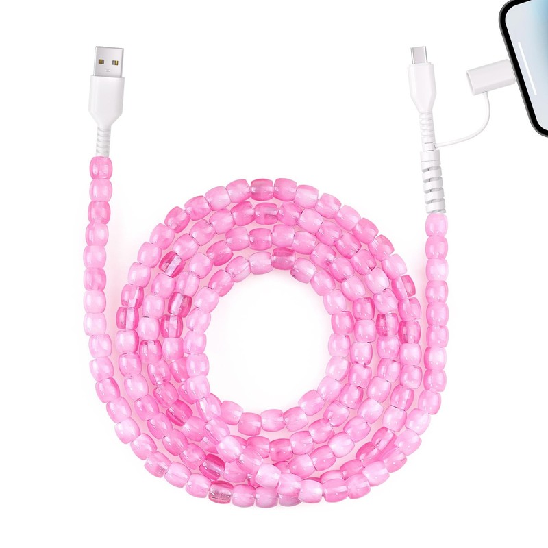 2 in 1 USB Cable for iPhone Beaded Charging Cord 6.6FT Stylish Cute Beaded Ph...