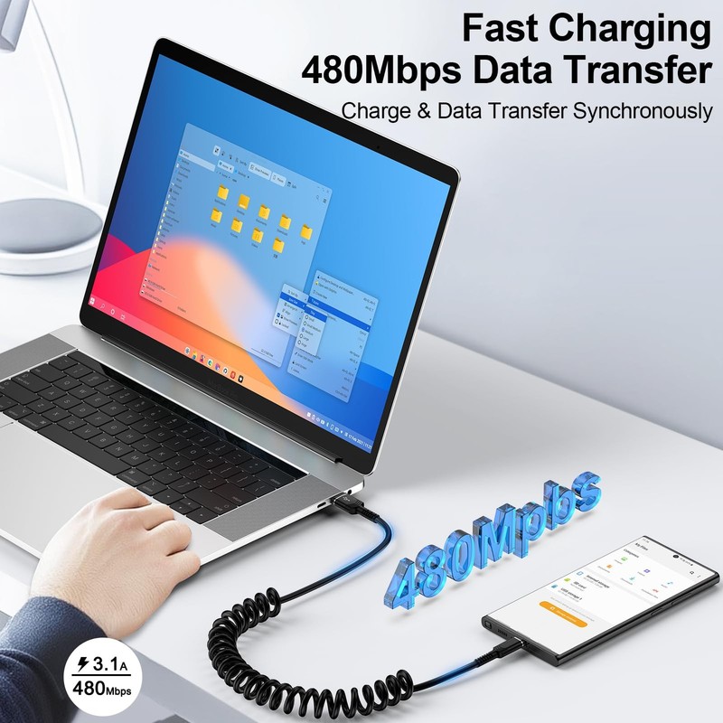 USB to C Coiled Cable Fast Charging 6FT, 6 feet (retractable), Black gallery