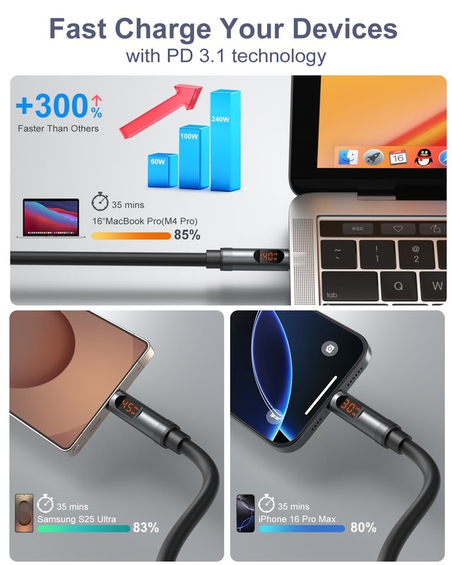USB to USB Cable, 240W Fast Charging Charger Cord with Display for MacBook iP... gallery