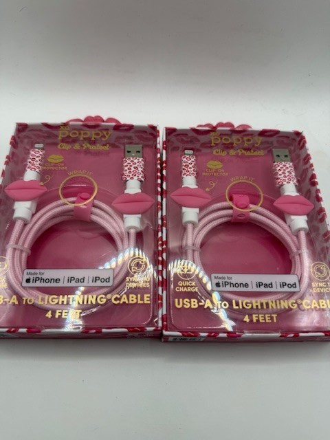 XO Poppy USB A Cable 4ft iPhone Charger Pink Lips Lot of 2 gallery