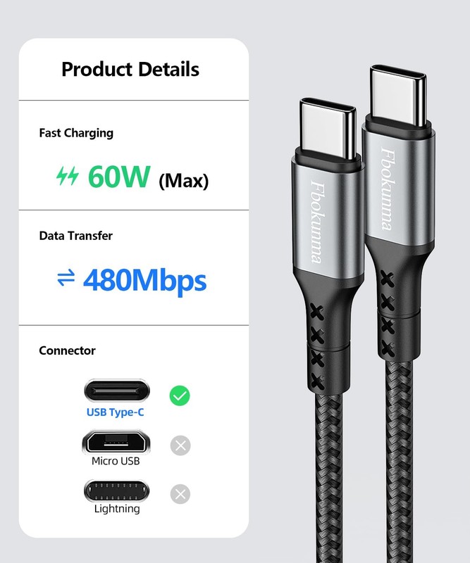 Fbokunma Short USB C to USB C Cable 1.5FT 2Pack, 60W Fast Charging Type C Cha... gallery