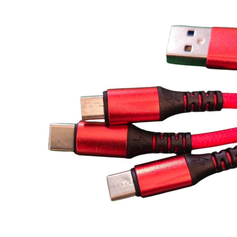 Mighty Wireless 4ft 3-In-1 Fast Charge Sync USB-C Micro USB Cable Red Nylon Cord