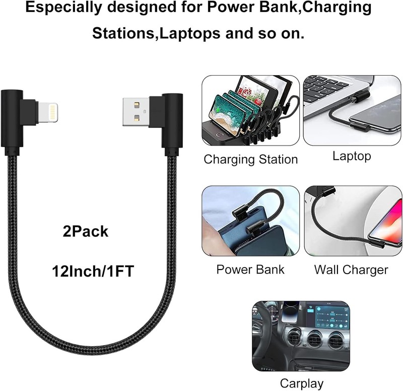 iPhone Charger 1ft 90 Degree 2 Pack MFi Certified Elbow Short Lightning Black gallery