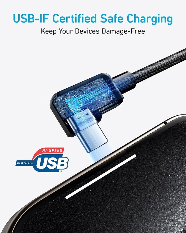Anker Right-Angle USB A to USB C Cable (2-Pack, 6 ft, Black) | Braided Durable gallery