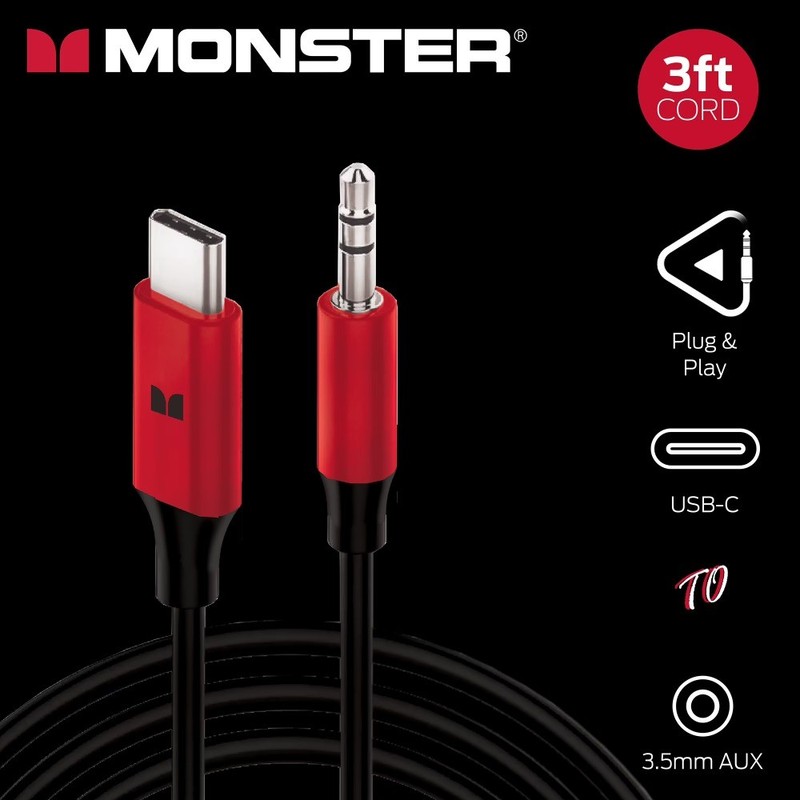 Monster 3ft USB-C to 3.5mm AUX Cable Automotive/Portable Use 3 Foot Cable
