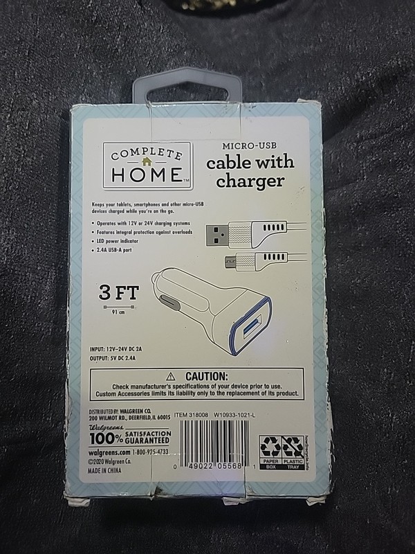 Complete Home Micro USB Cable With Car Charger - 3 Foot gallery
