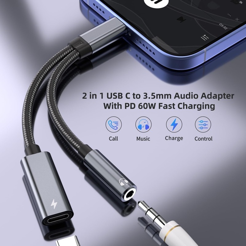 Samsung Galaxy S25 Headphone Adapter USB C to 3.5mm Jack Fast Charging Gray gallery