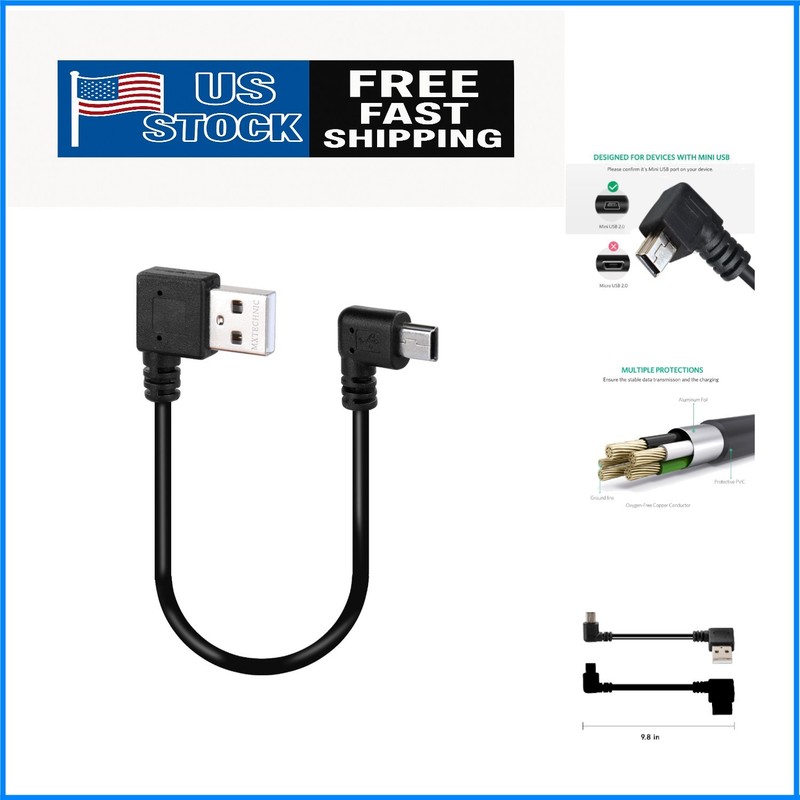 Durable Mini USB 2.0 Cable 10-Inch – Fast Charge & Sync, 90° Angled Design