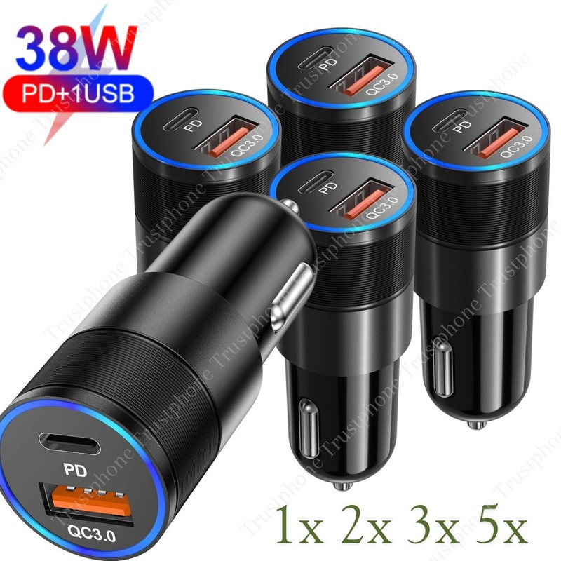 38W 12V USB C Car Phone Fast Charger Adapter PD/QC USB A Cigarette Lighter Plug