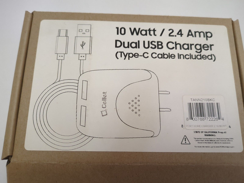 Cellet 10 Watt 2.4 Amp Dual USB Charger Type C Cable Included TANN210BKC