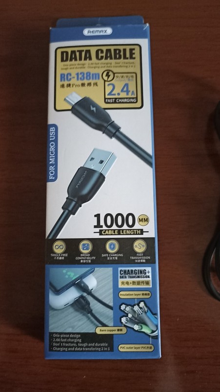 USB Data Cable RC-138 m, 2.4 A, 1 meter, Micro USB to USB, Black
