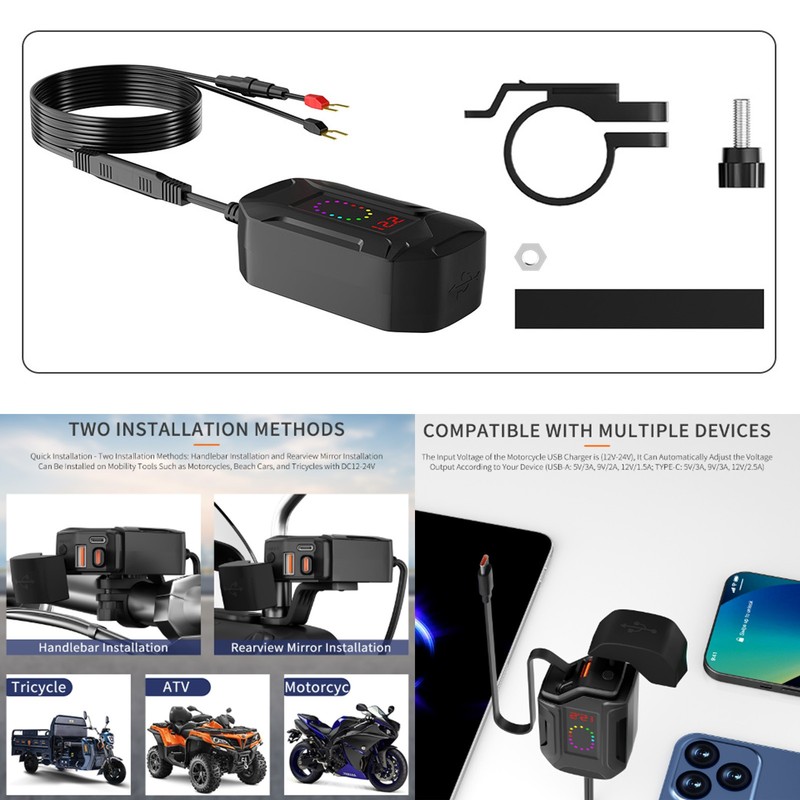 Motorcycle Charger USB Fast Charging Type-C Retractable 30W Flash Charge Cable