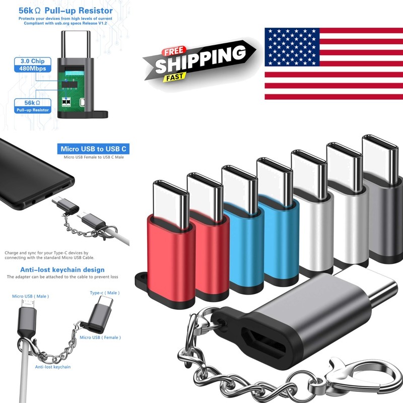 USB C to Micro USB Adapter 8 Pack Metal Connectors with Keychain for Travel