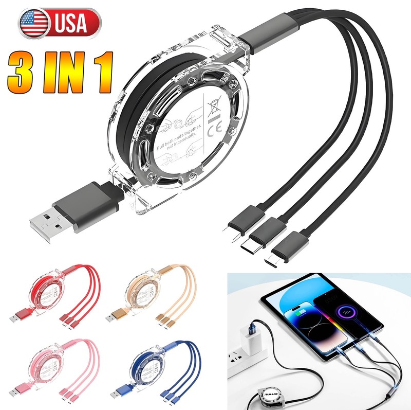 Retractable 3 in 1 Multiple Charger Fast Charging Cable w/Type C/Micro USB Port gallery