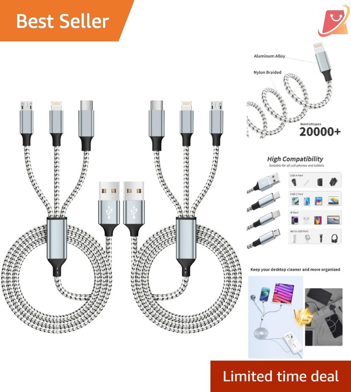 Multi Charging Cable 2Pack 4FT Nylon Braided 3-in-1 USB Micro USB Type-C for …