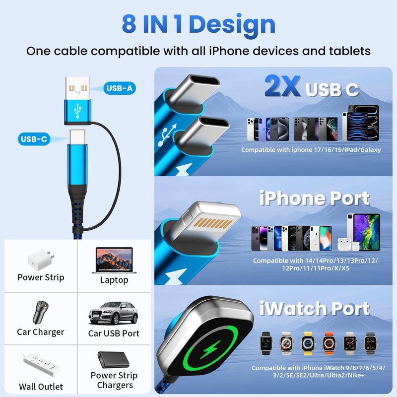 Multi Charging Cable for iPhone Watch Charger, 4 in 2 USB A/C Phone Charger C... gallery