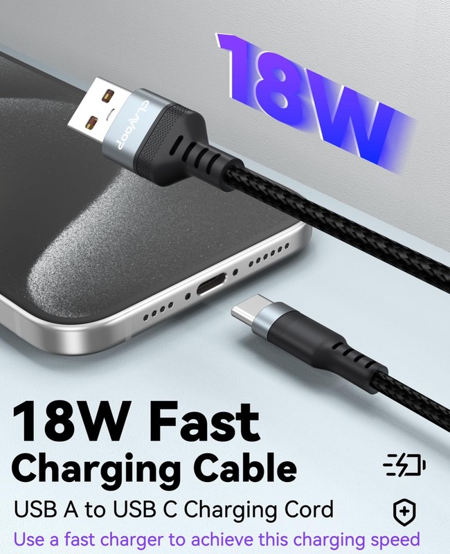 30ft USB A to USB C Charging Cable, 18W Fast Charge, Braided Type C Cord for iPh gallery