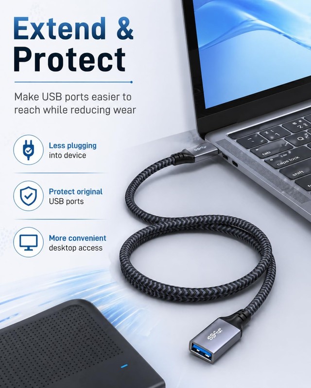 20 Ft USB 3.0 Extension Cable Type A Male To Female Braided Extender 1 PCS gallery