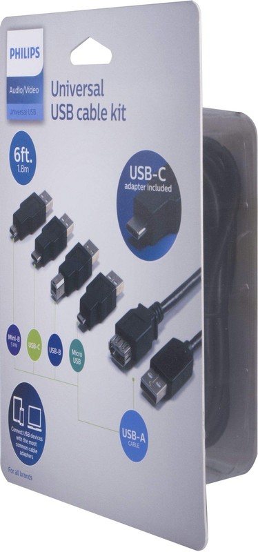 Philips 6′ USB 2.0 Universal Kit with USB-C – Black: Micro USB, USB Type-A, USB