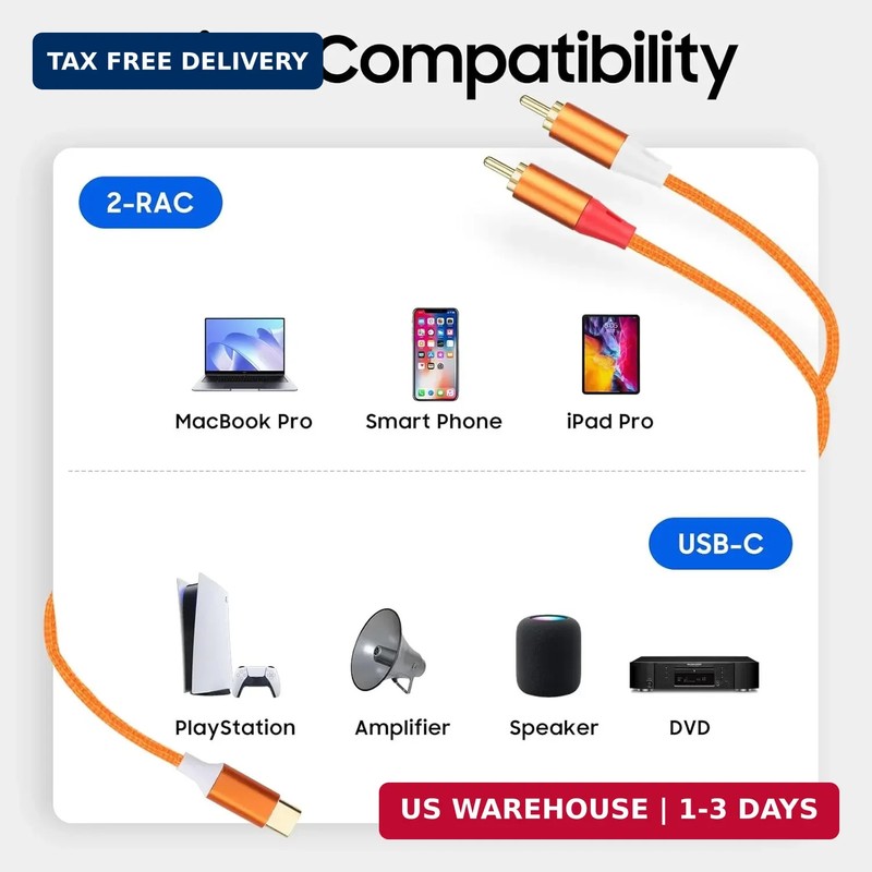 USB C to RCA Audio Cable,6.6 FT Type-C to 2 RCA Male to Male Y Splitter，for iPho gallery