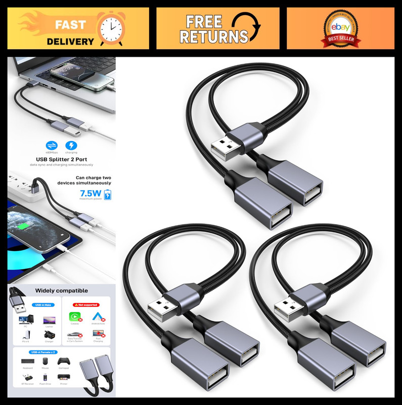USB Splitter 1 in 2 Out(3 Pack), USB 2.0 A Male to 2 Dual USB Female Jack Y