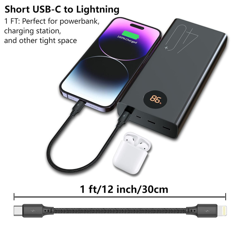 USB C to Lightning Cable 1FT 3Pack [Apple Mfi Certified], Power Delivery 1 FT…