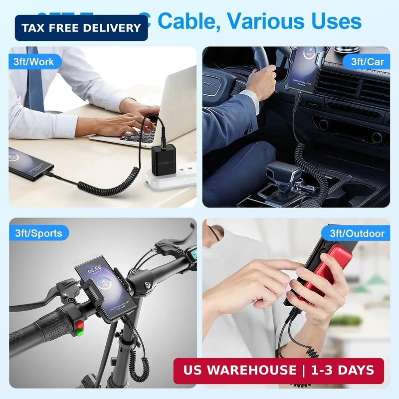 Fast Charger Cable Coiled USB C for Car 3FT Android Auto Type A to C gallery