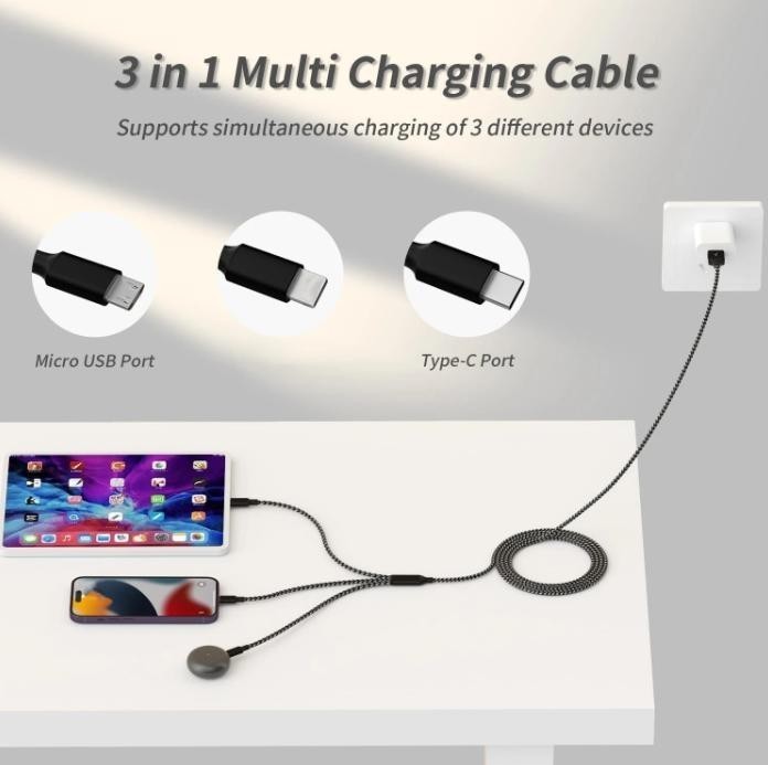 2 Pack 4ft Triple-in-one Fast Charging Data Cable, Car Three-head Data Cable USA gallery