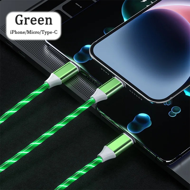 3 in 1 LED Fast Charging Cable Adapter For iPhone Micro USB Type C Charger Cord