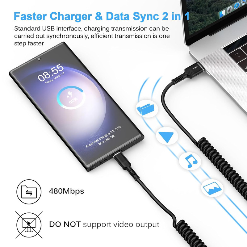 Retractable Iphone 17E Car Charger USB C Coiled Cord Car Carplay Charger Cable f gallery