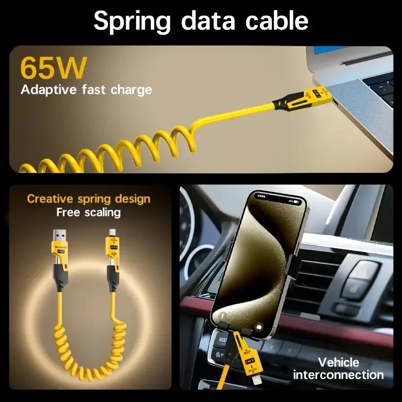 4 in 1 65W USB Type C Spring Telescopic Cable for Smartphone gallery