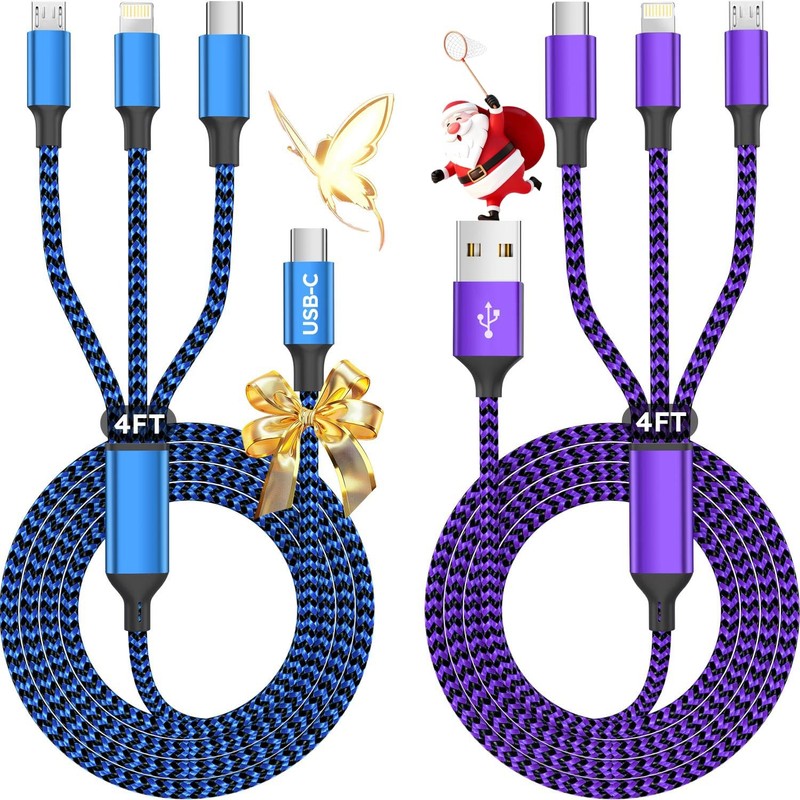 2 Pack USB-A USB-C Multi Charging Cable 3-in-1 Charger Cord 4ft Purple Blue gallery