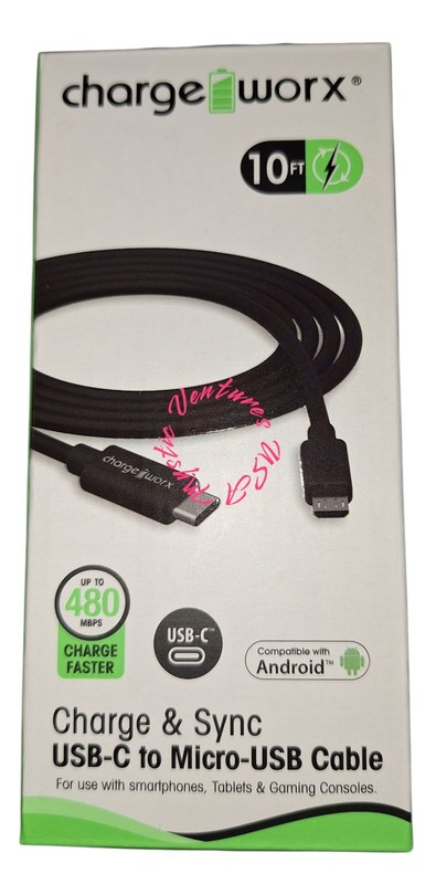 Charge & Sync USB-C to Micro-USB Cable Charge Worx 10 Ft Cable Black BRAND NEW