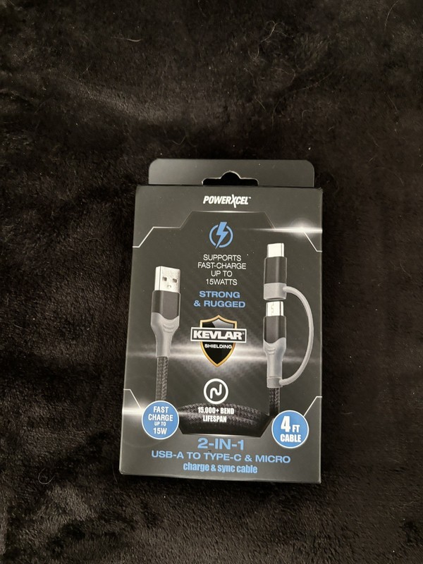 PowerXcel 2 In 1 USB A To Type C Micro Charge Sync Cable 4 Ft Fast Charge