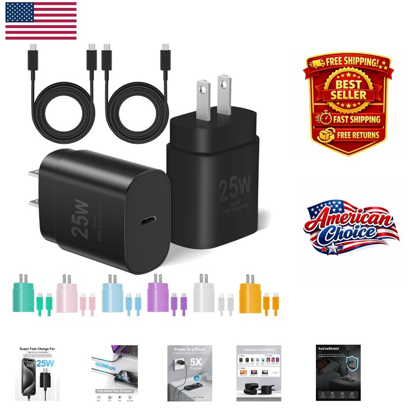 High-Speed 25W USB-C Charger with Dual Cables for iPhone & Galaxy Devices