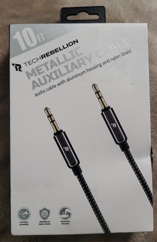 10 Ft Tech Rebellion Metallic Auxiliary Cable- Durable & Multi Device Compatible
