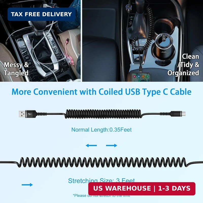 Fast Charger Cable Coiled USB C for Car 3FT Android Auto Type A to C gallery