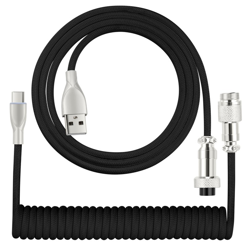 USB C Coiled Keyboard Cable For Gaming Braided Aviator Connector Black 6FT