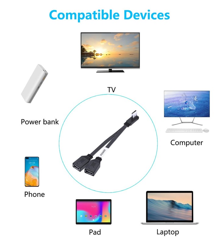 10cm Right Angle 90 Degree PD 65W USB 2.0 Splitter 1 Male 2 Female Fast Cord gallery