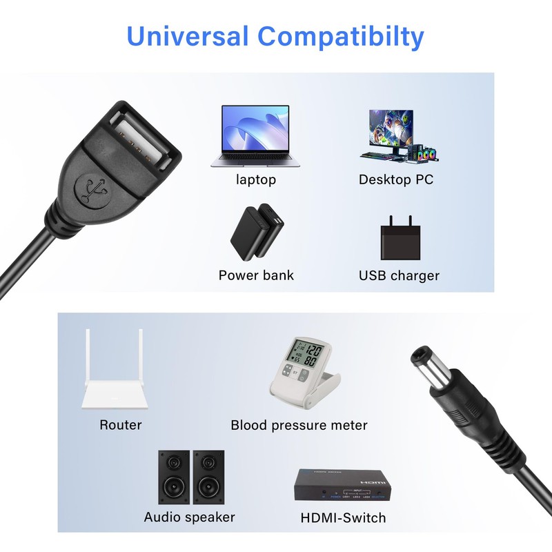 2-Pack DC 5.5x2.1mm Male to USB Female Converter Cable for DC USB Power gallery