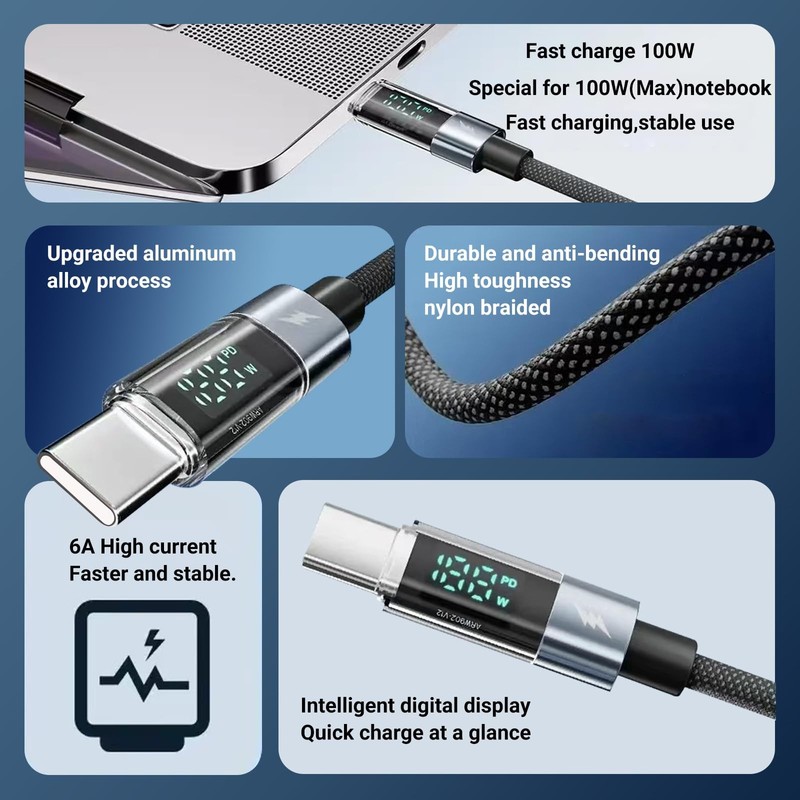 100W USB Fast Charging Cable 6.6Ft | Power Display & 35,000+ Bend Lifespan | ... gallery