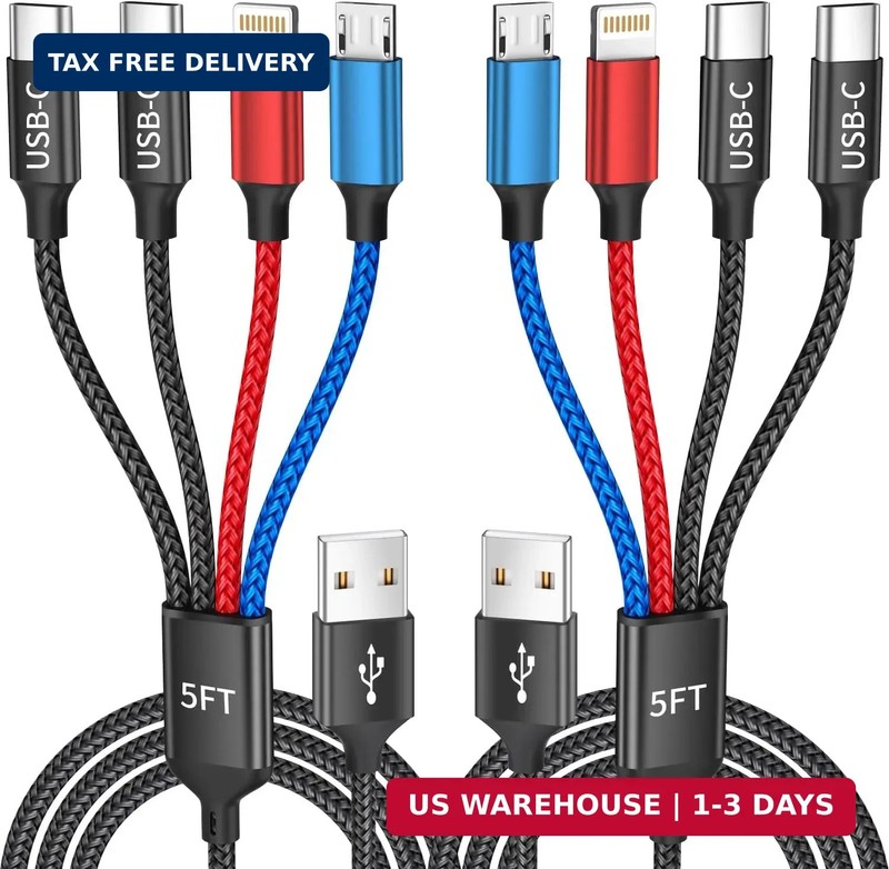 Dual Type C 4 in 1 Multi Charging Cable 2 Pack 5FT Universal Charger Cord