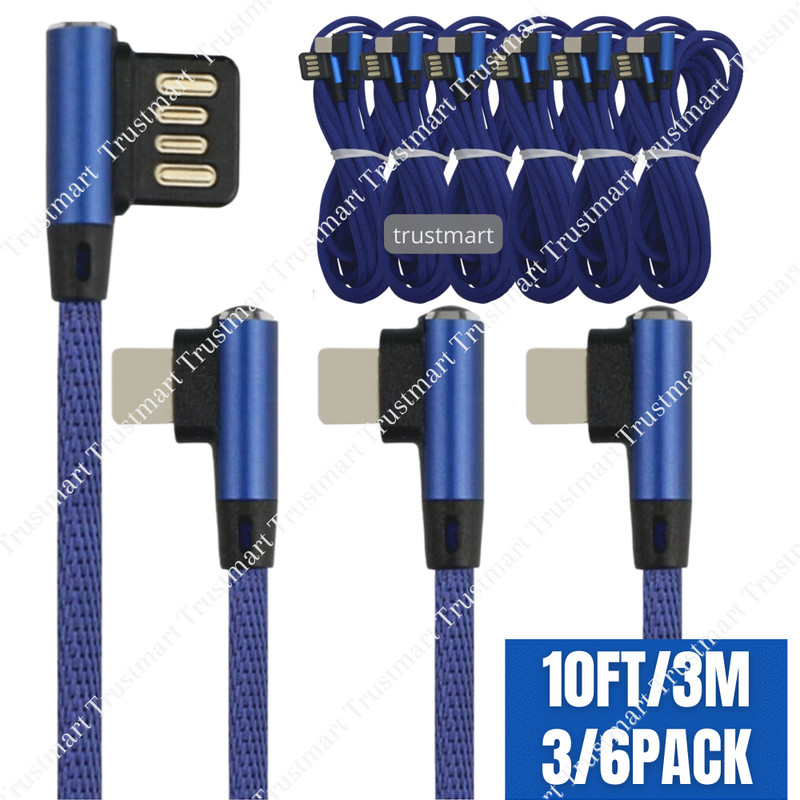 3 Pack 10Ft 90 Degree Angle Charger USB Charging Cable For Apple iPhone XR 8 7 6