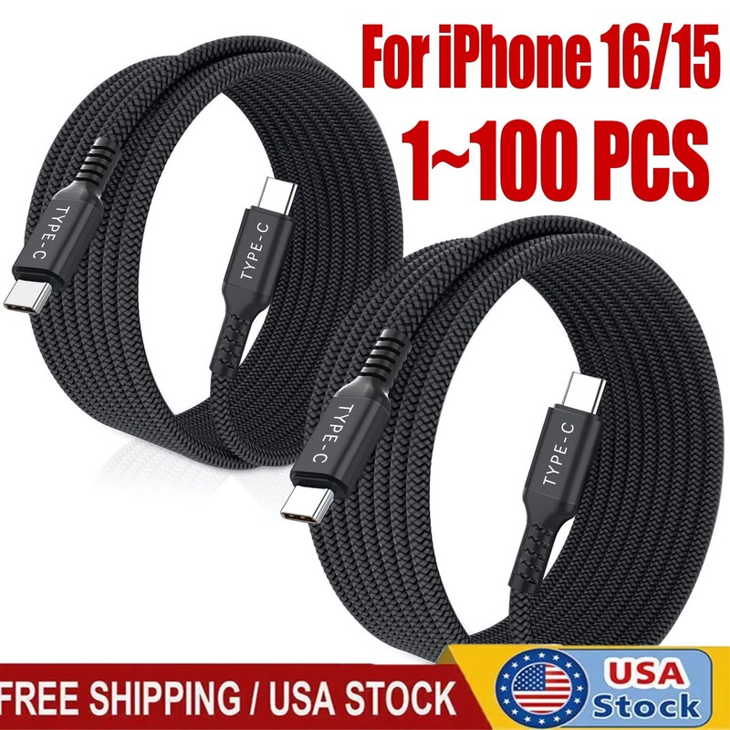 60W USB C to C Cable Fast Charge PD Nylon Cord 3/6/10FT for iPhone16 Samsung lot
