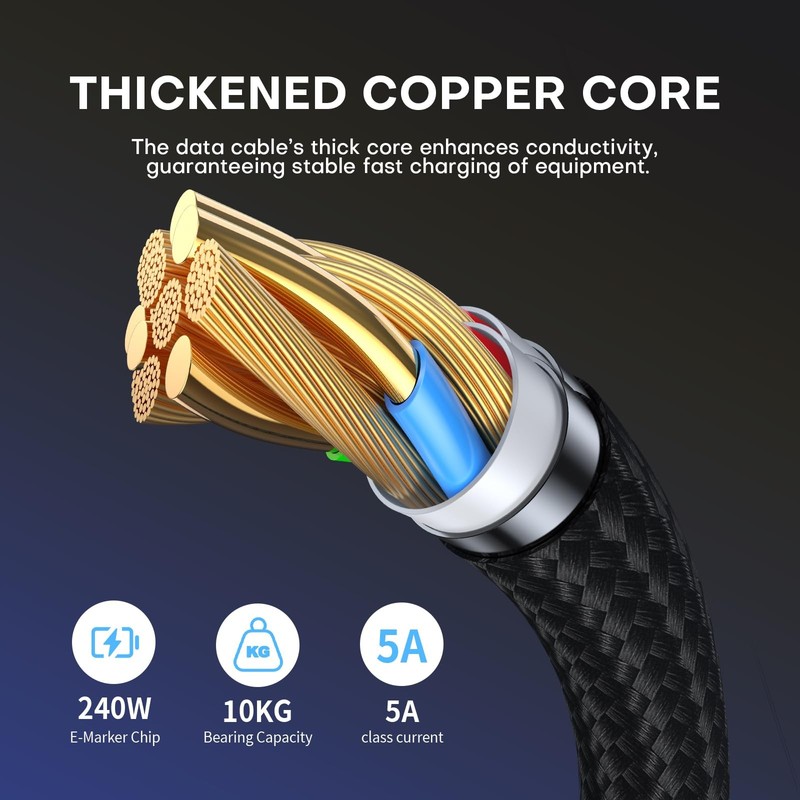 Black 6 Ft 240W PD Type C To Type C Fast Charging USB 2.0 Data Cable 360 Spin gallery