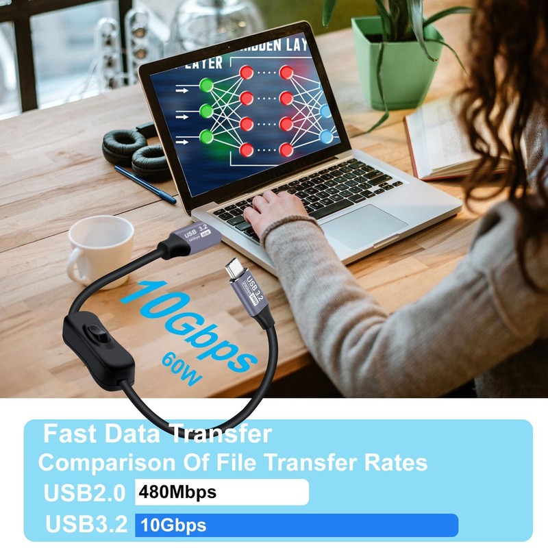 10Gbps USB C Cable Switch 3.2 Type C Fast Charging 60W 3A High Speed 3.2FT gallery
