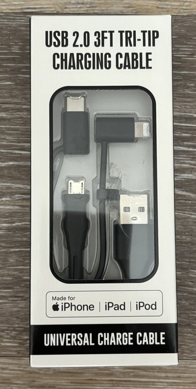 Universal USB Port Charging Cable 3 ft. Tri-Tip for iPhone iPad iPod USB-C Micro