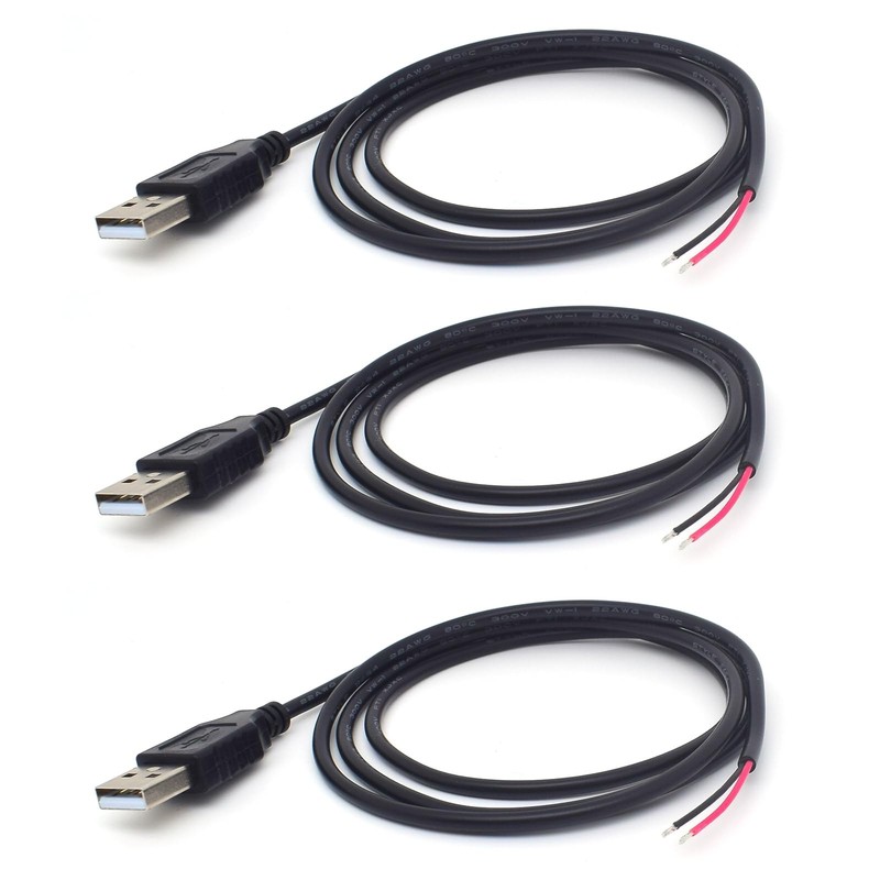 3 Pack 1M 22AWG USB Male Plug Pigtail 2pin Bare Wire 5V 3A Power Cord DIY